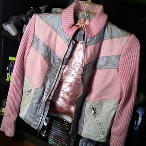 🅴 Two-tone Leather Jacket with Wool Sleeves and Collar Pink Silver